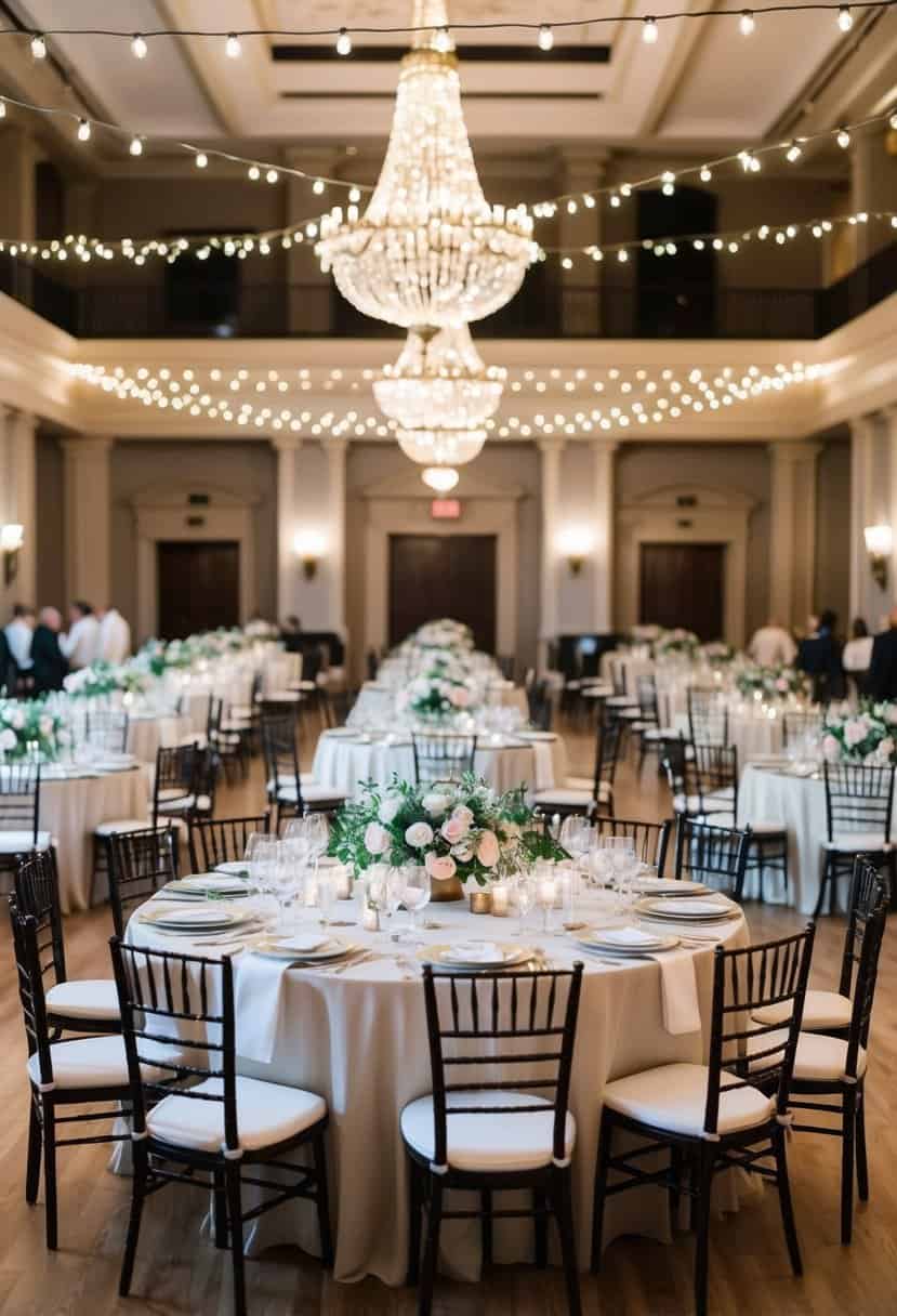 A grand banquet hall with elegant tables set for 100 guests, adorned with floral centerpieces and twinkling string lights