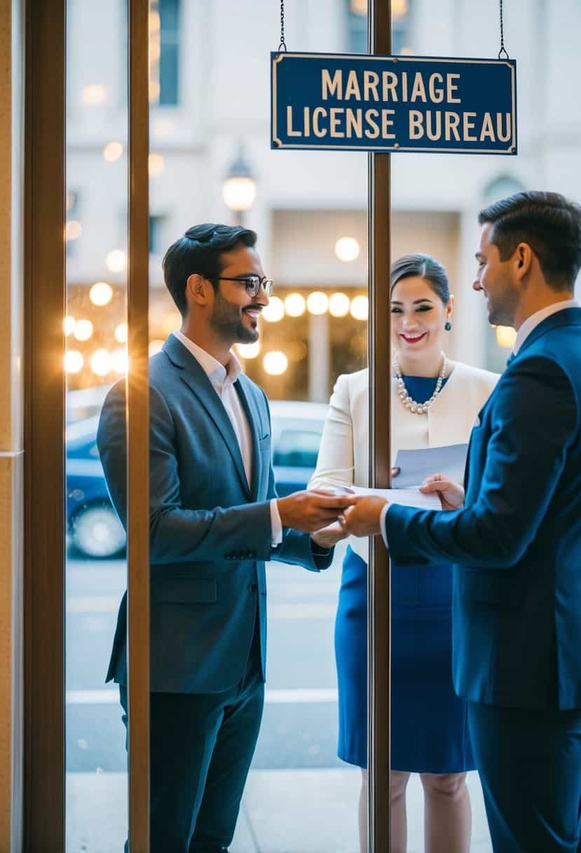 A couple standing at a courthouse window, handing over paperwork to a clerk. Bright lights and a sign reading "Marriage License Bureau" in the background