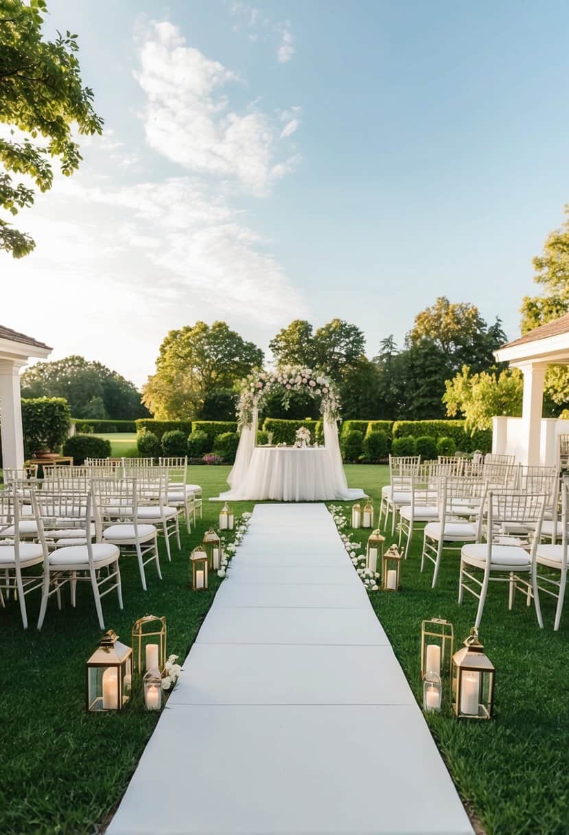 A picturesque outdoor setting with a spacious, elegant venue, complete with seating for 100 guests and a beautiful backdrop for a wedding ceremony