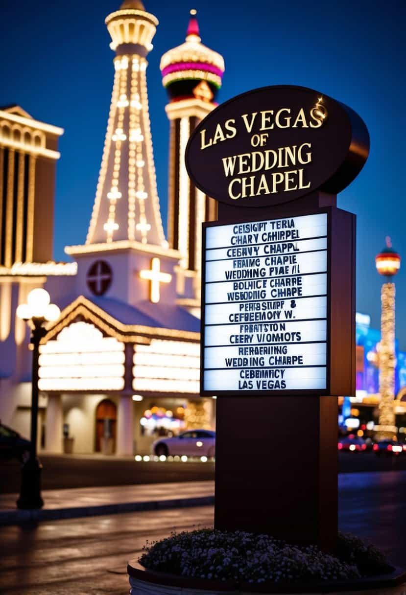 A wedding chapel in Las Vegas, with a sign displaying various ceremony options. Bright lights and a bustling atmosphere