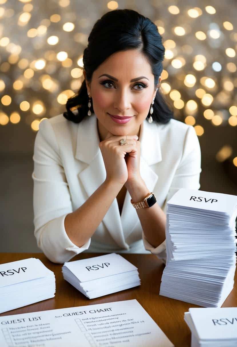 A wedding planner surrounded by a stack of RSVP cards and a seating chart, pondering the guest list with a thoughtful expression