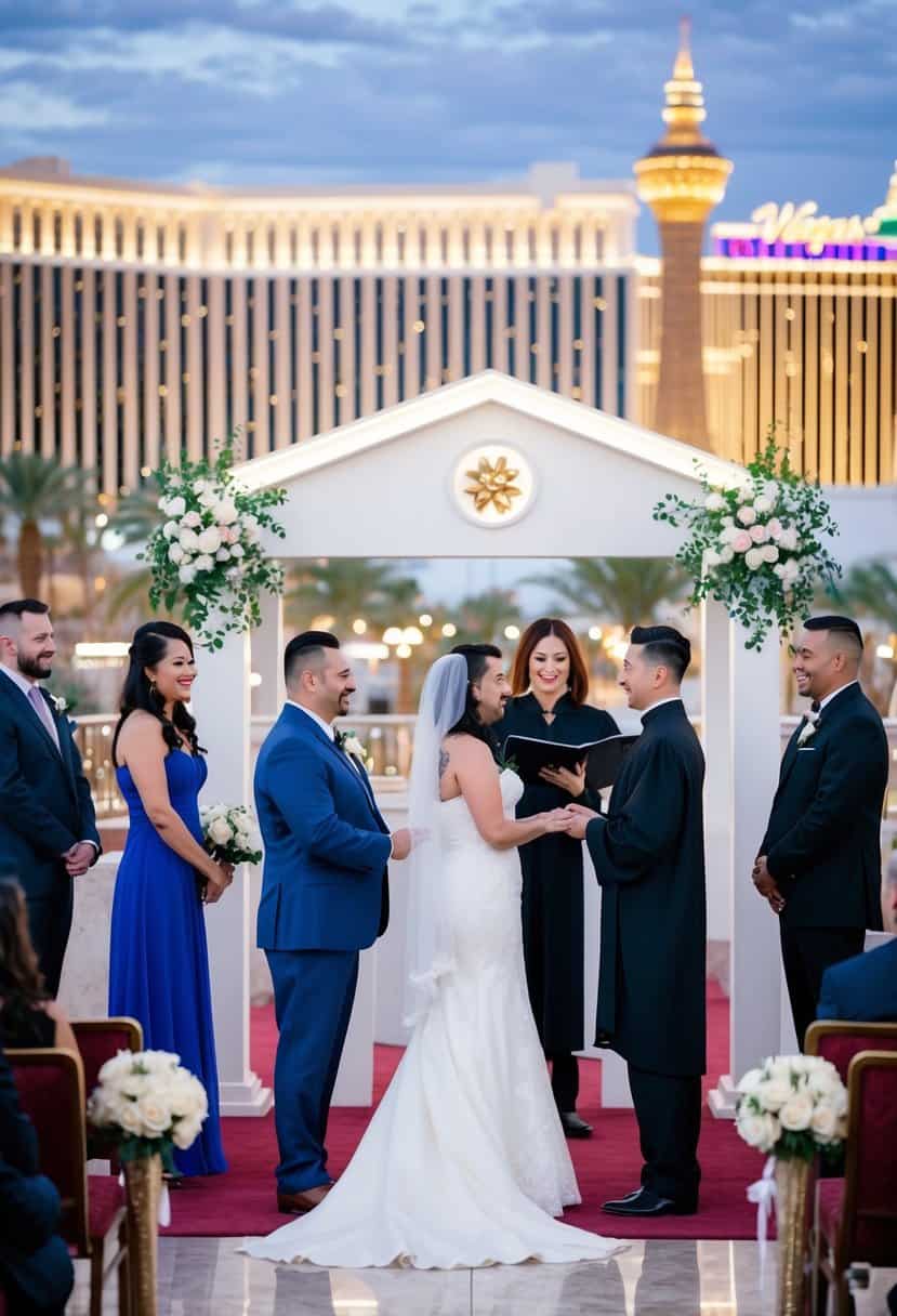 A couple stands at a Vegas wedding chapel, exchanging vows as an officiant looks on. The iconic Las Vegas strip is visible in the background