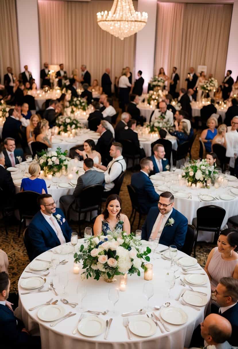 A bustling wedding reception with 100 guests seated at round tables, adorned with floral centerpieces and elegant place settings. A joyous atmosphere fills the room as final details are being attended to