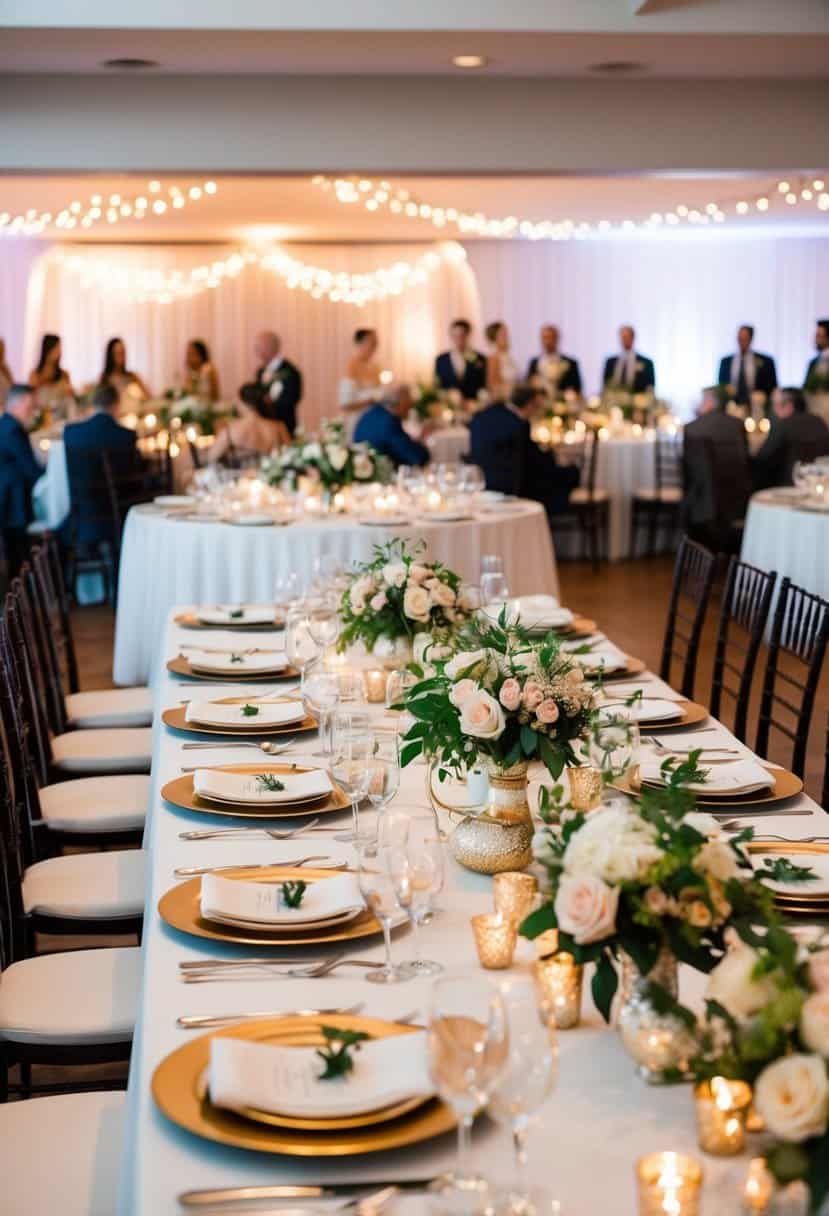 A beautifully decorated wedding reception with tables set for a large number of guests, adorned with flowers and elegant place settings