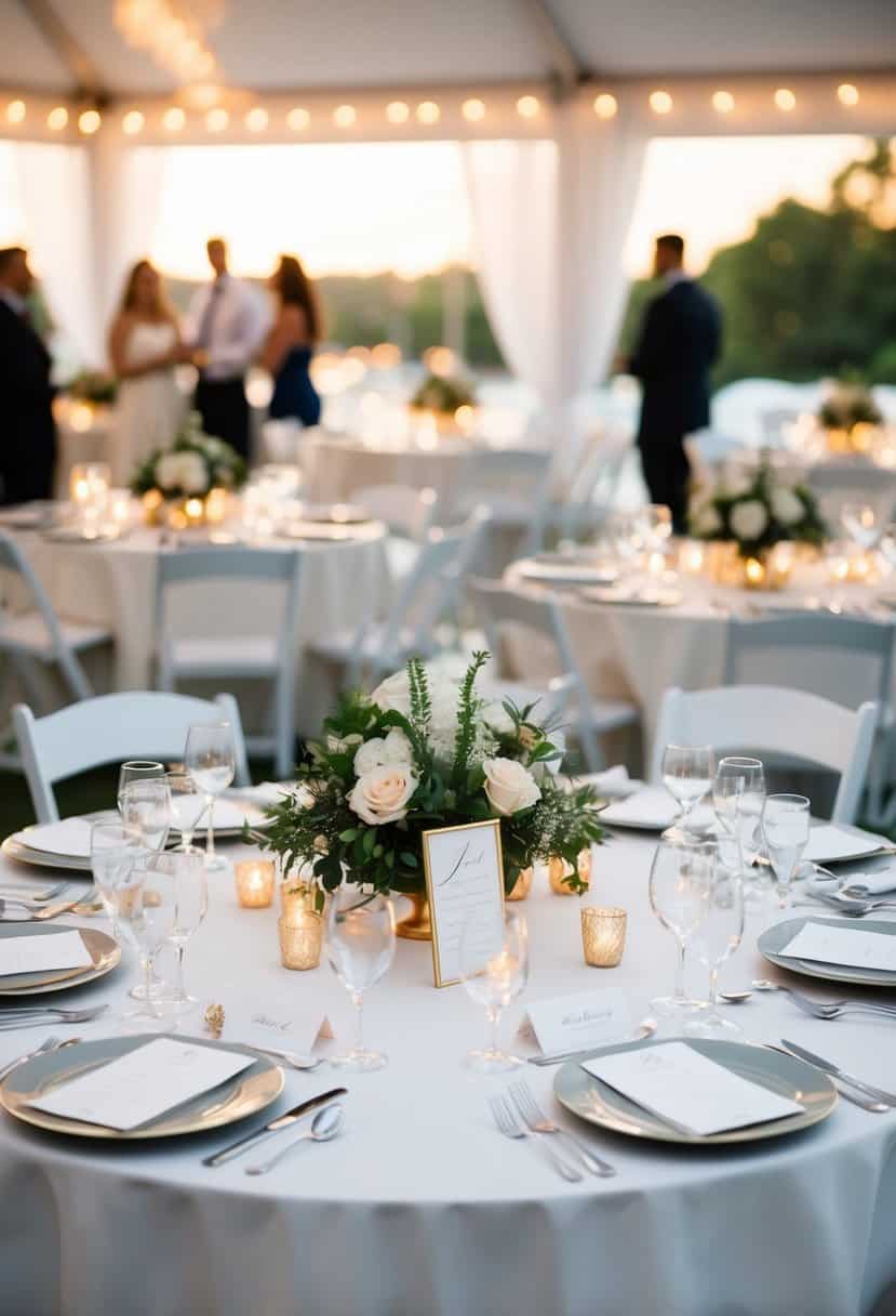 A table set for a wedding reception, with place settings for multiple guests and a seating chart