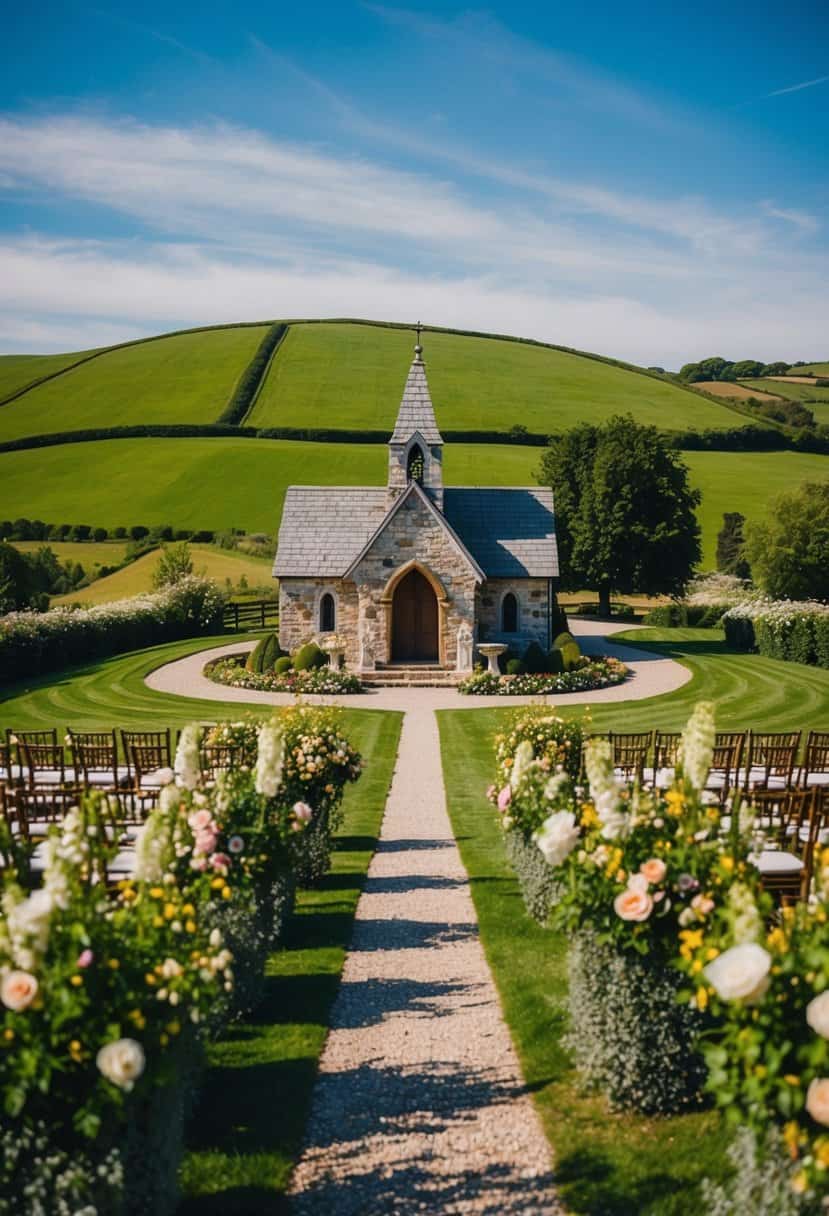 A picturesque countryside wedding venue with rolling hills and a charming stone chapel, surrounded by blooming flowers and lush greenery