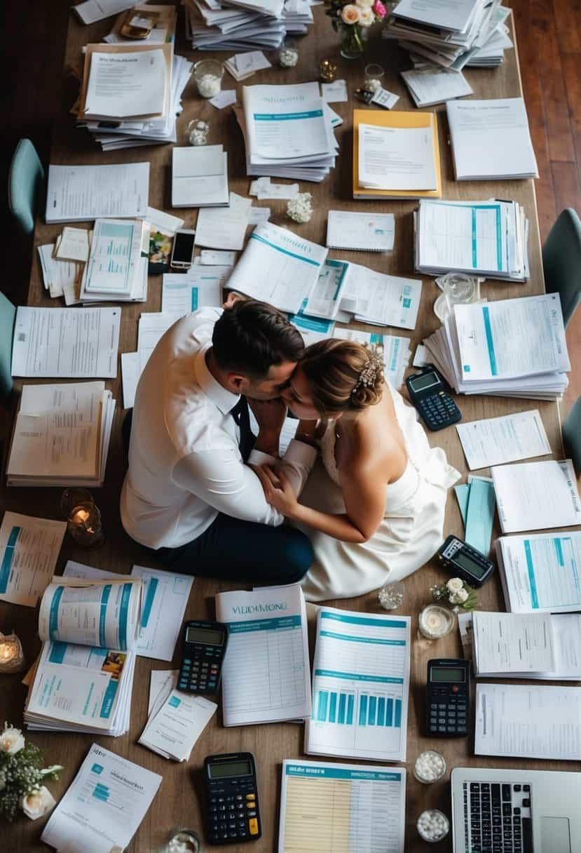 A table covered in wedding magazines, spreadsheets, and calculators. A couple sits huddled together, deep in discussion, surrounded by piles of receipts and wedding planning books