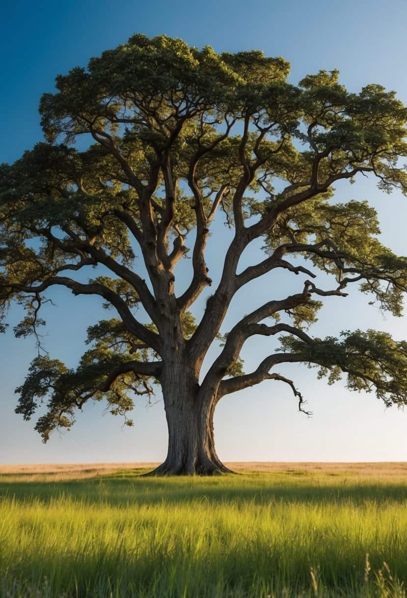 A grand, ancient oak tree stands proudly in a peaceful meadow, its gnarled branches reaching towards the sky, symbolizing lasting love and endurance