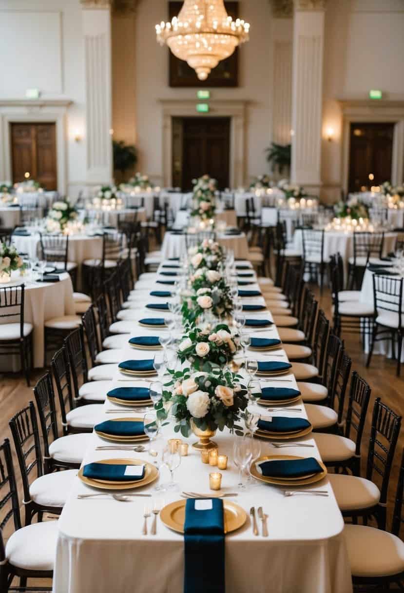 A grand banquet hall filled with elegantly set tables and chairs, adorned with floral centerpieces and place settings for a large number of guests