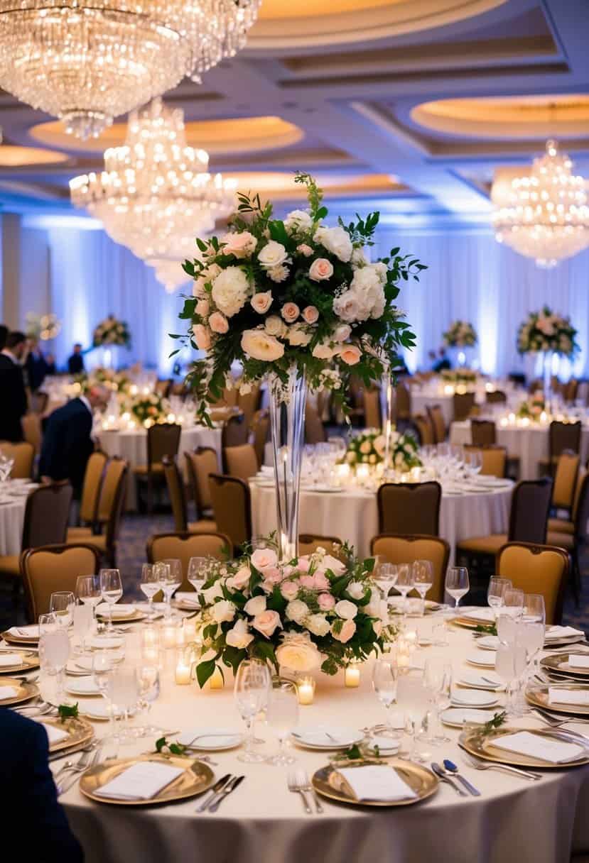 A lavish wedding banquet, adorned with elegant floral centerpieces and sparkling chandeliers, with tables set for a large gathering of guests