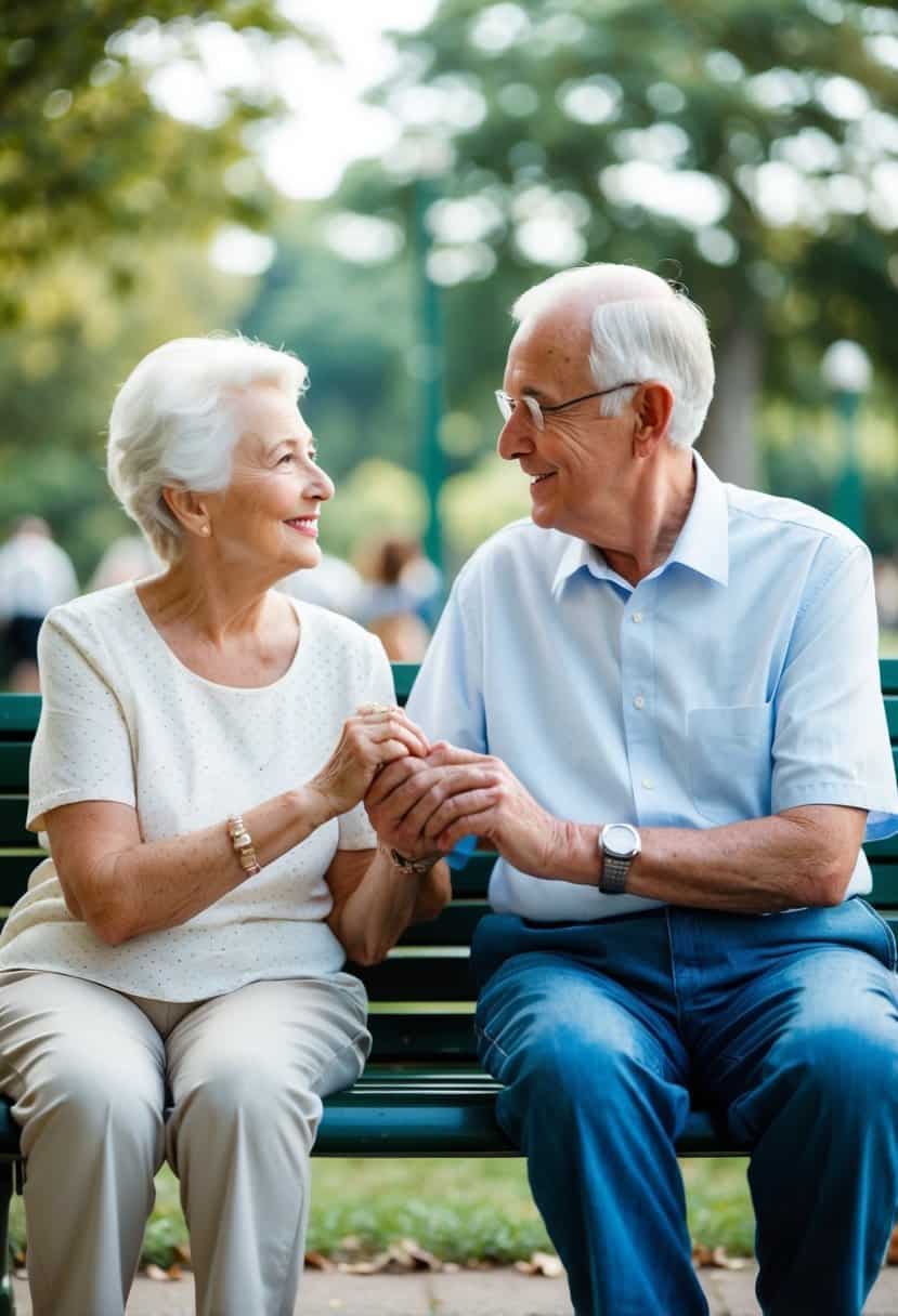 An elderly couple sitting on a park bench, holding hands and gazing at each other with love and tenderness