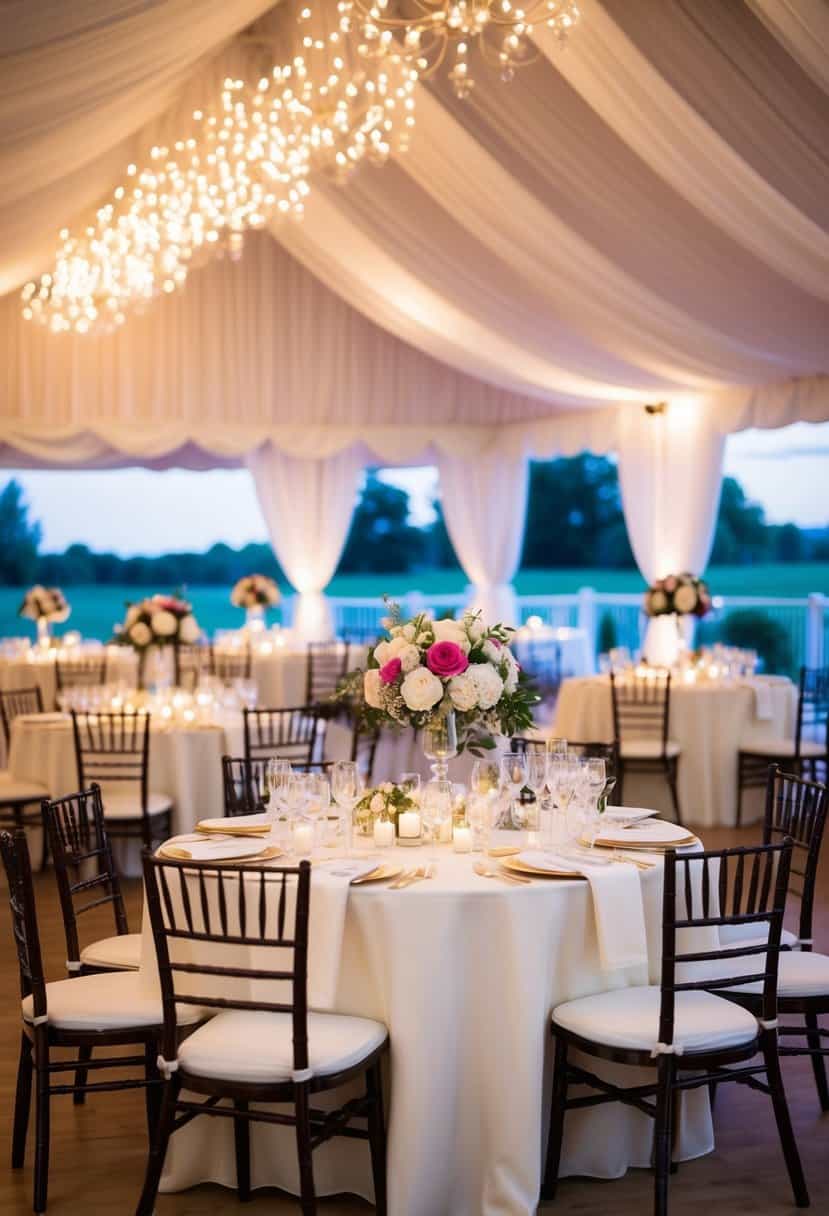 A beautifully decorated wedding venue with flowers, tables, and chairs set up for a reception