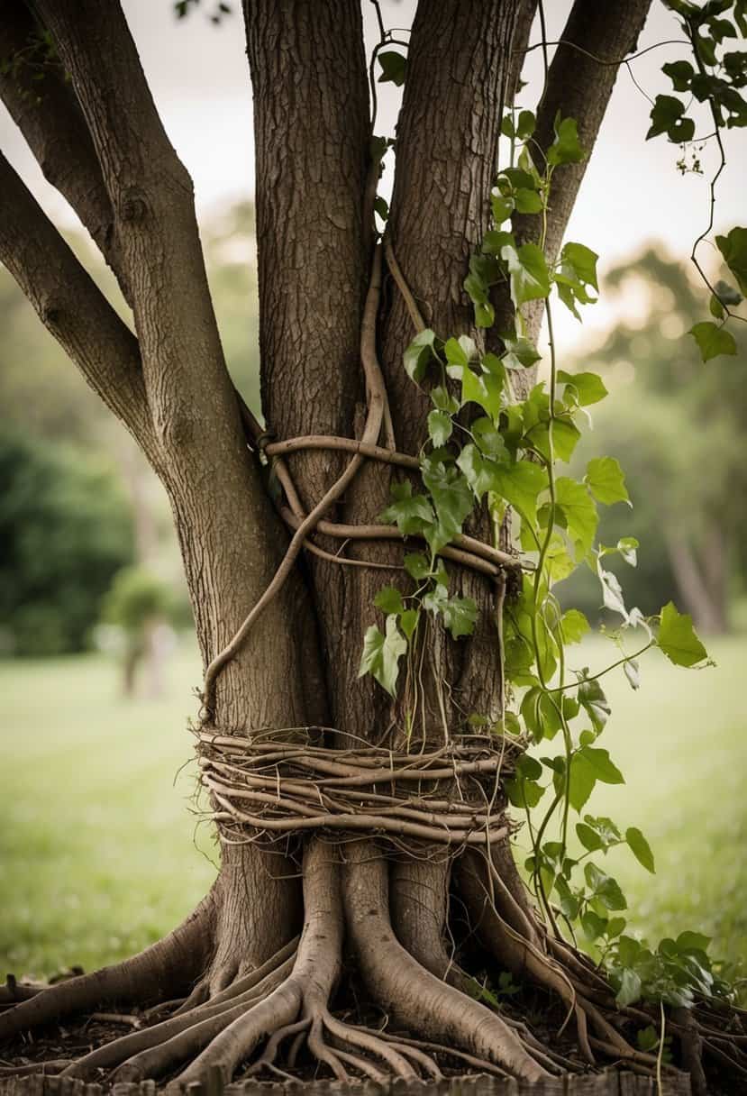 An elderly tree and a vine entwined for a century, their roots and tendrils intertwining in a timeless embrace