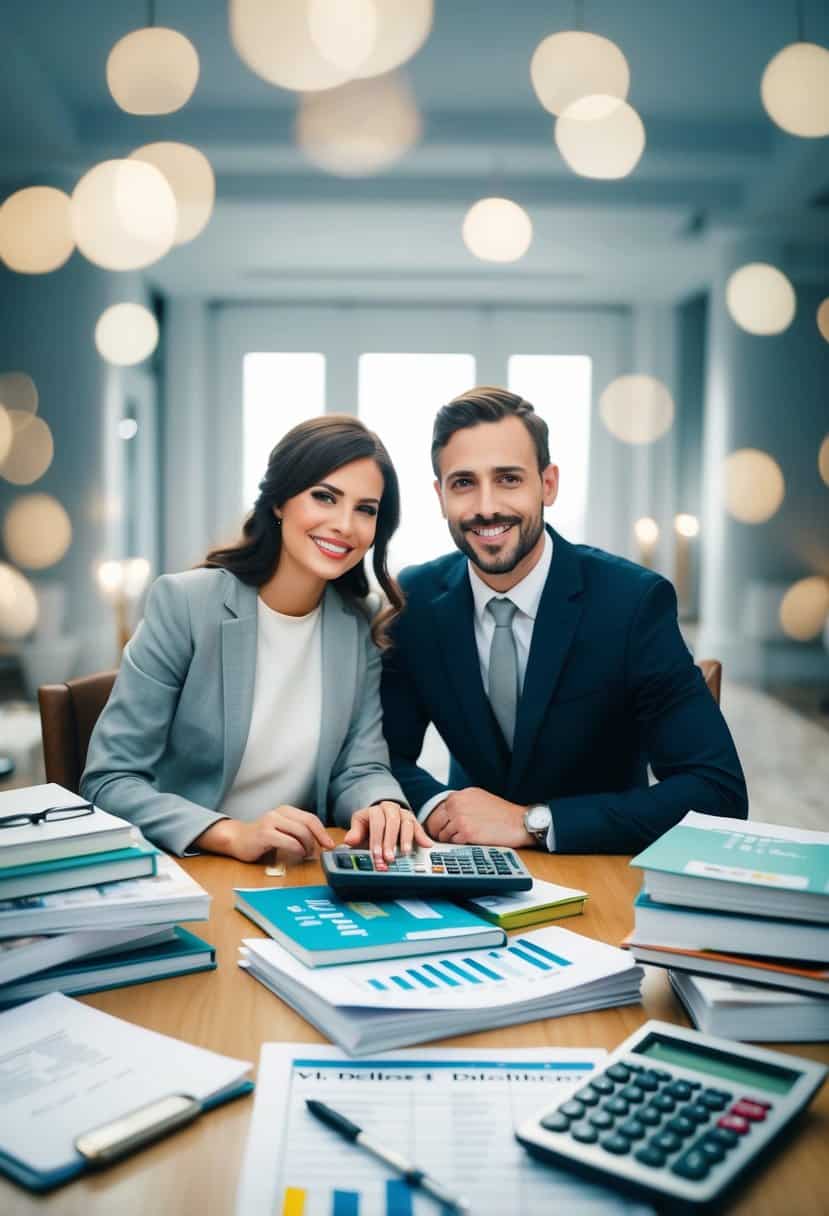 A couple sits at a table surrounded by wedding planning books and magazines, with a calculator and budget spreadsheet in front of them