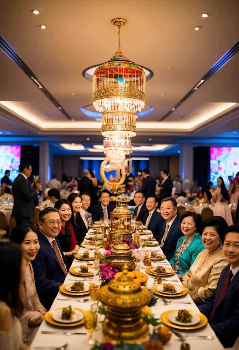 A celebratory banquet with decorations and artifacts reflecting a rich history and tradition, surrounded by family and friends