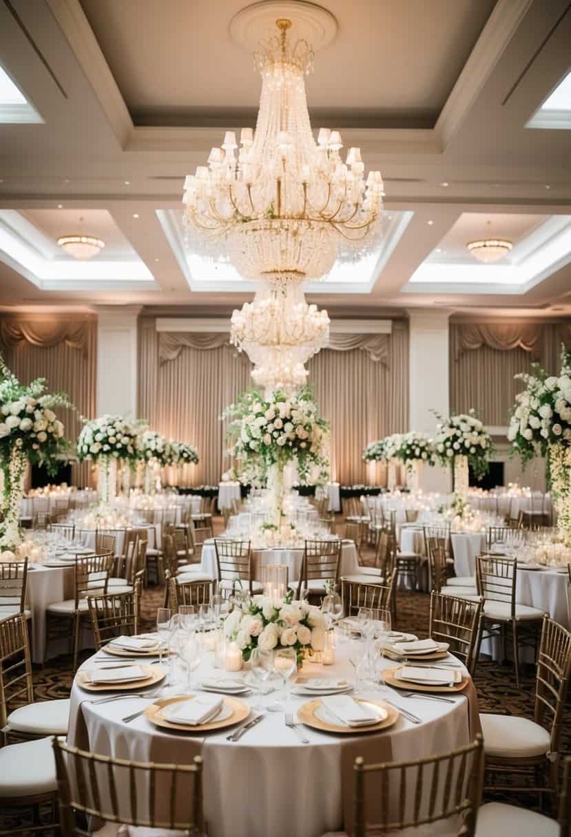 A grand wedding venue with lavish decorations and a luxurious banquet set-up, showcasing the most expensive cost of a wedding