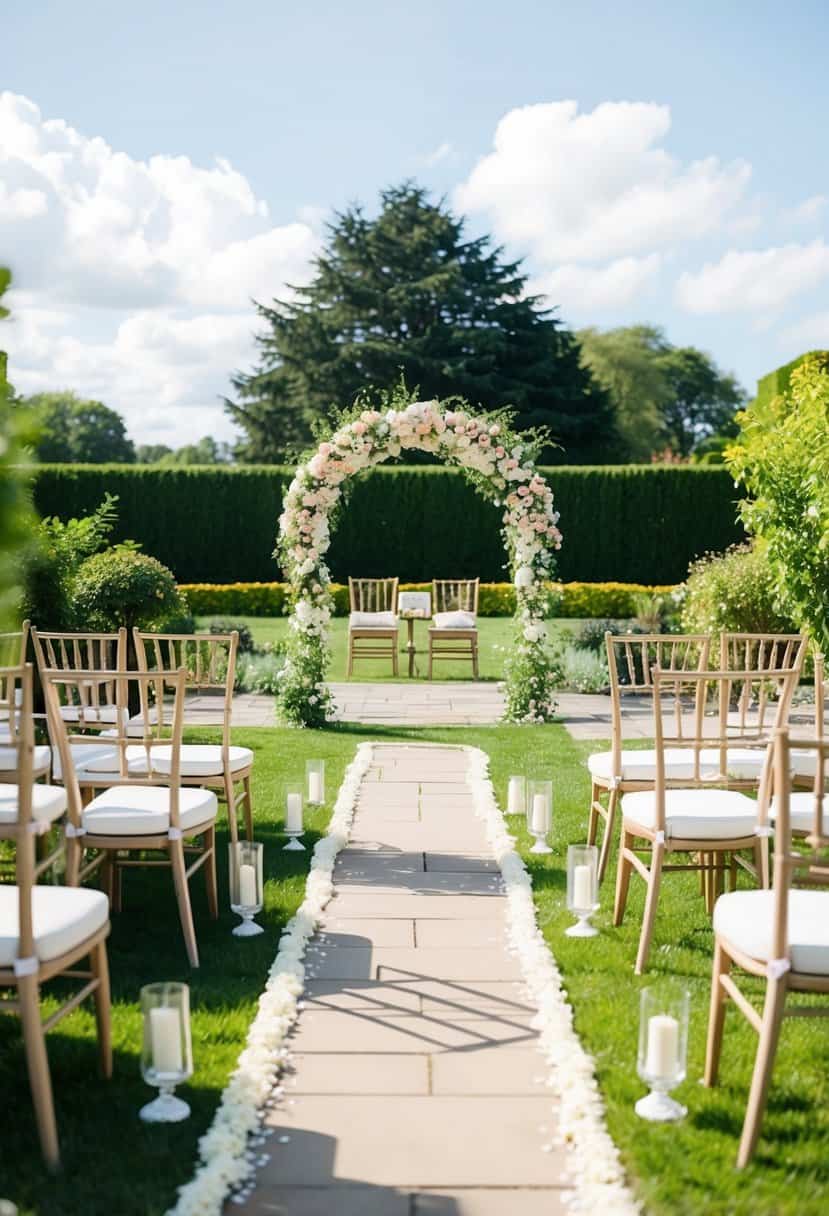 A beautiful garden with a floral arch and seating for guests, a pathway leading to a ceremonial area, and a designated spot for the legal marriage ceremony