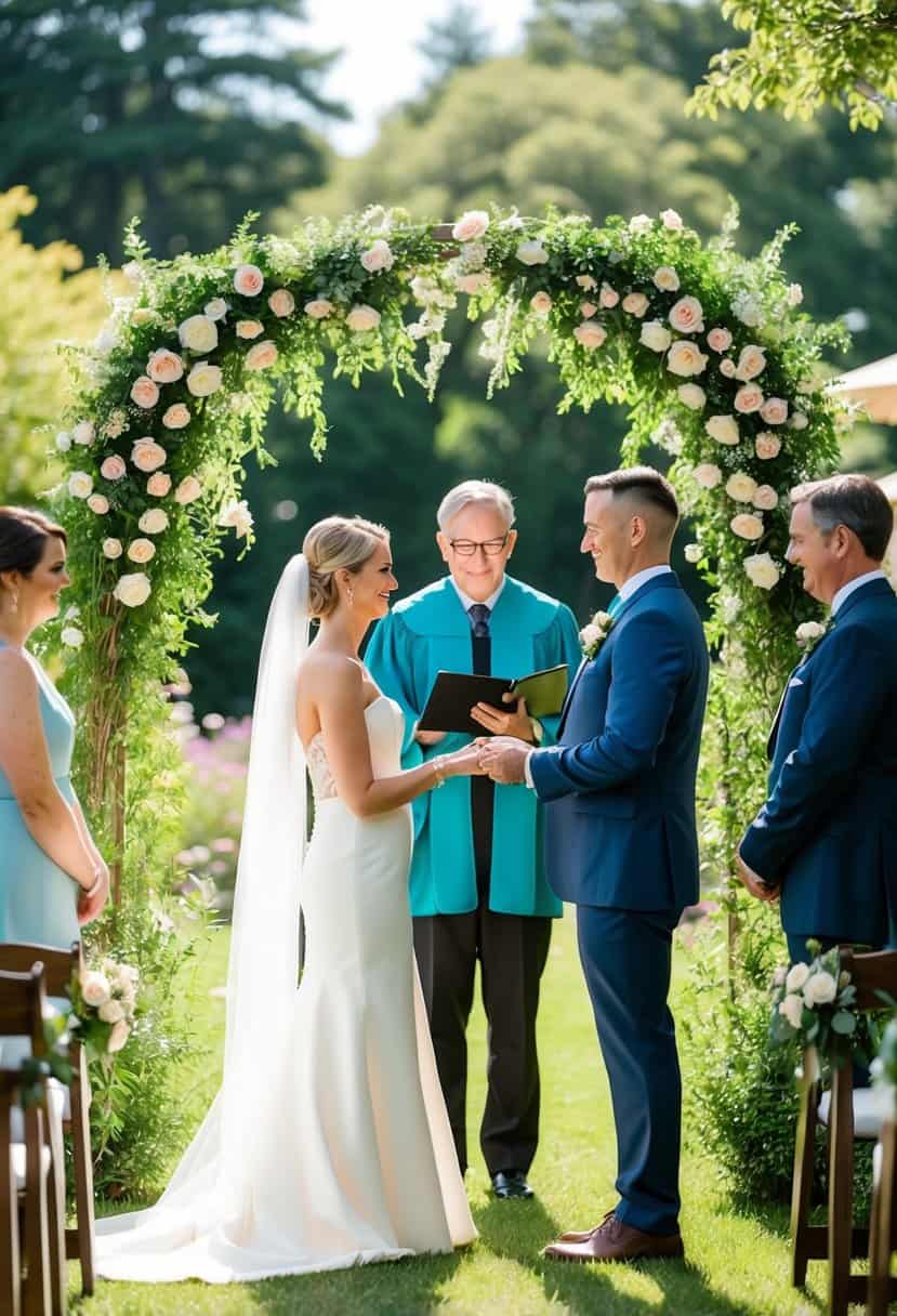 A couple stands in a lush garden, exchanging vows with an officiant under a floral archway. The sun shines down on the intimate ceremony