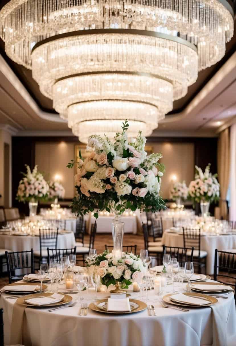 A lavish wedding venue with opulent decorations, elegant floral arrangements, and luxurious table settings