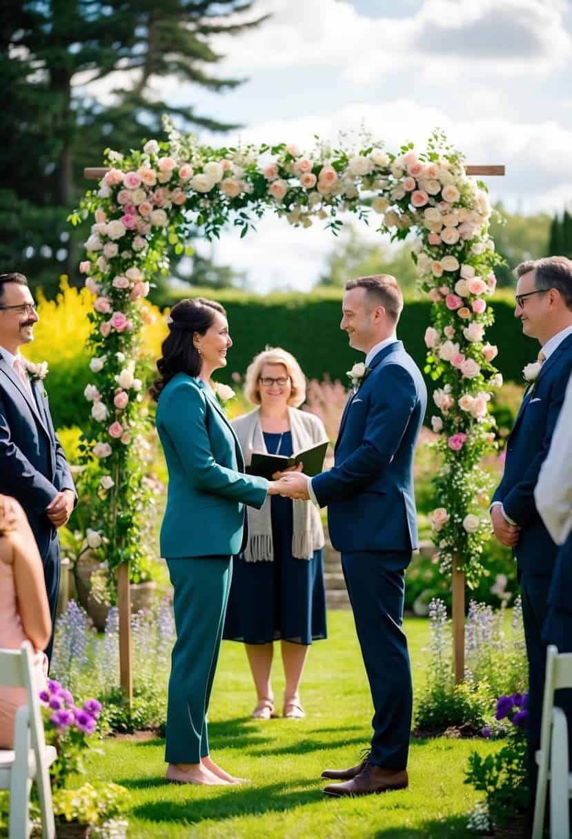 A couple stands in a blooming garden, exchanging vows under a floral arch. A small gathering of loved ones watches as they legally marry in their backyard