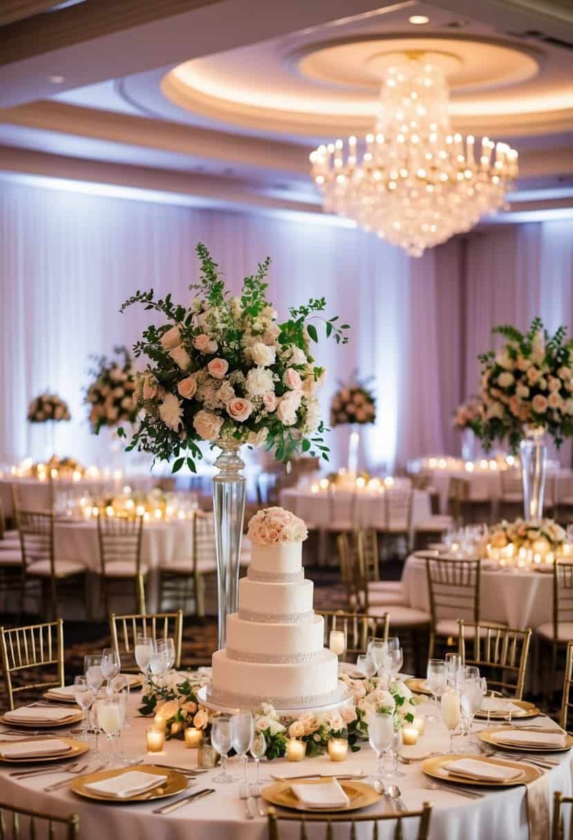 A lavish wedding reception with elegant floral arrangements, a grand wedding cake, and a luxurious banquet table set for a large gathering