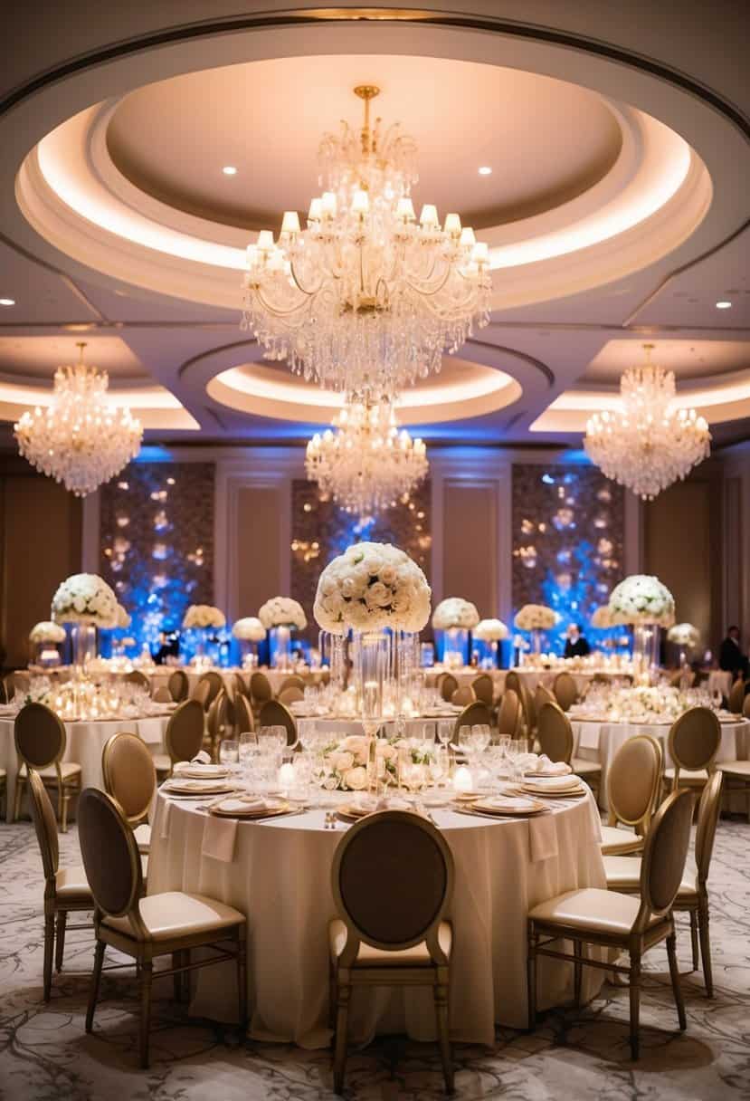 A lavish wedding reception with extravagant decorations and a grand banquet spread