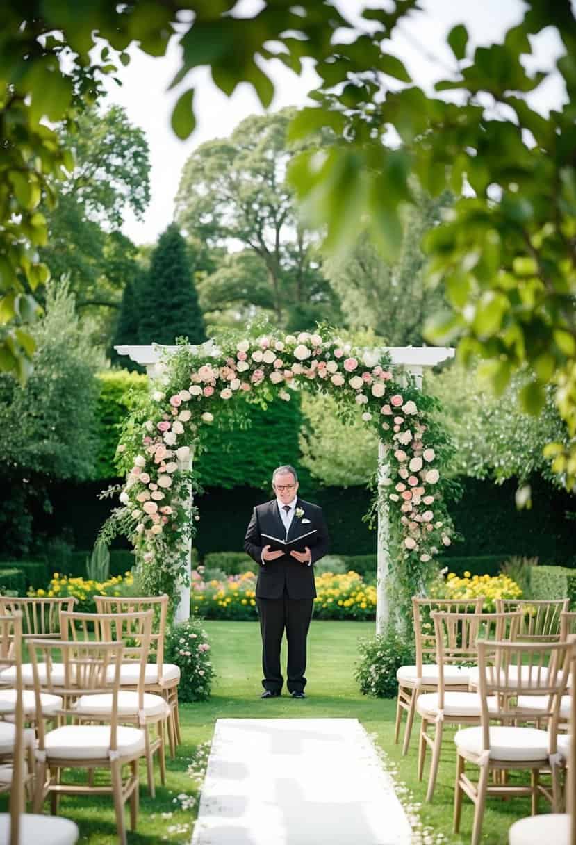 A picturesque garden with a floral arch and seating area, set for a wedding ceremony. A celebrant stands ready to officiate under a canopy of trees