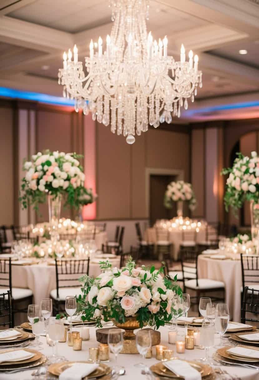 A lavish wedding reception with elegant decor, floral centerpieces, and intricate details