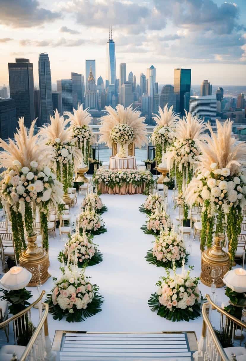 A lavish wedding venue in a bustling city, surrounded by opulent decorations and extravagant floral arrangements, with a view of a skyline in the background