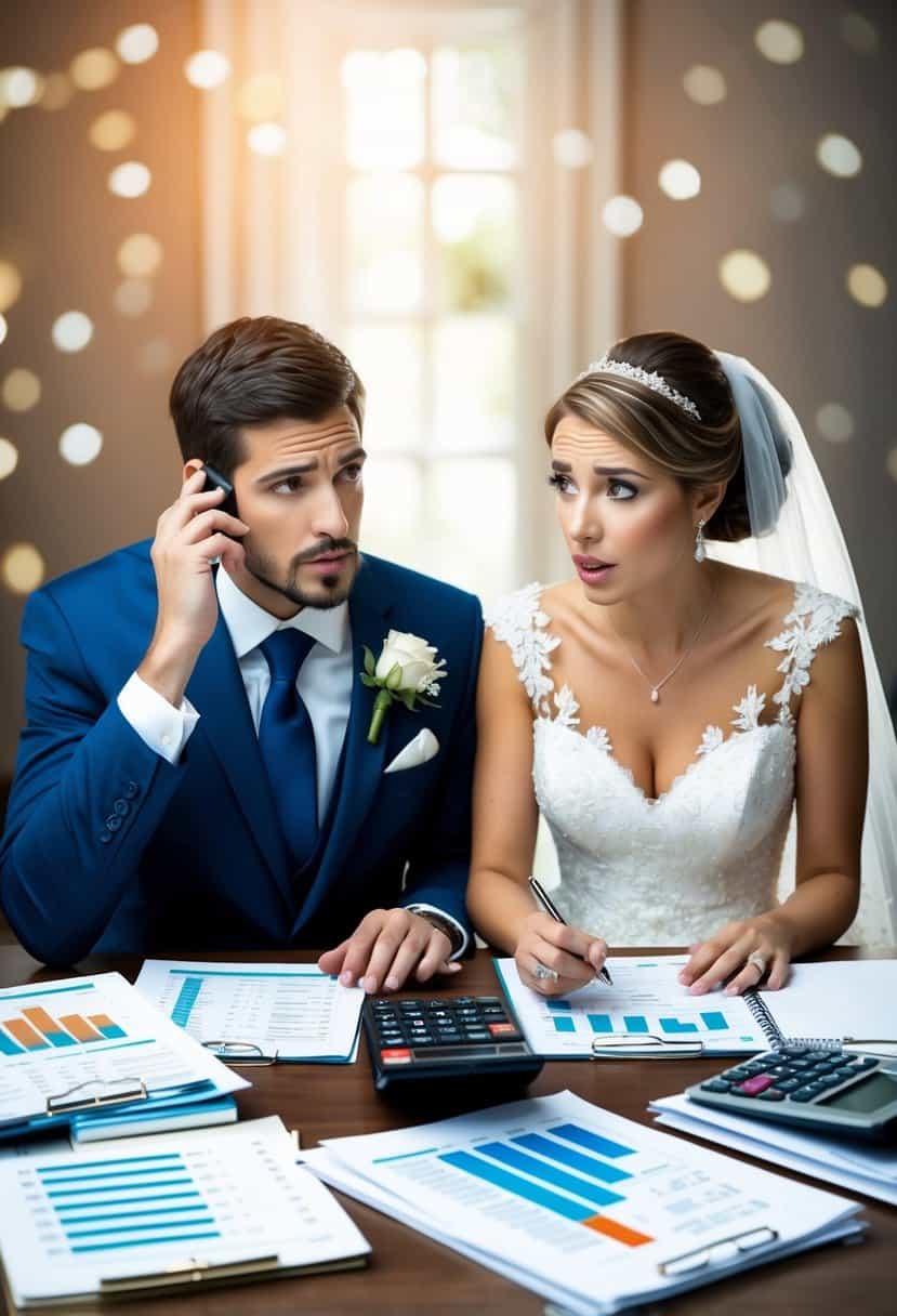 A bride and groom sitting at a table with a calculator, budget spreadsheets, and wedding planning books scattered around them. They are deep in discussion, with worried expressions on their faces