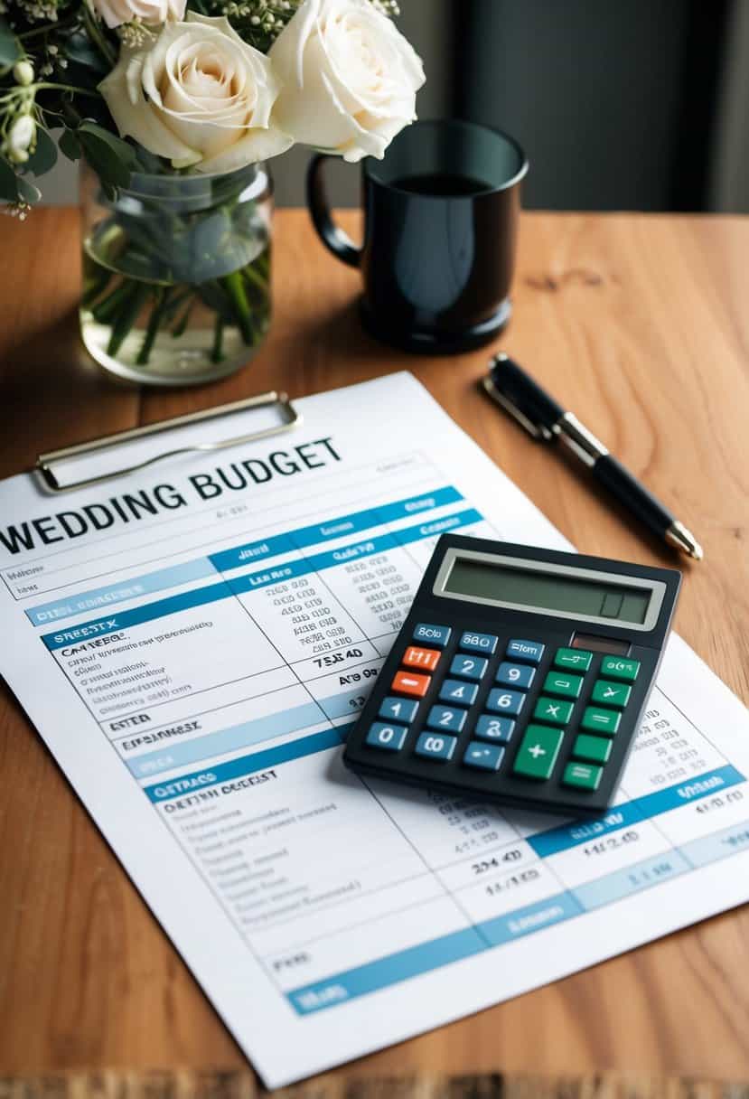 A wedding budget spreadsheet with categories for expenses and a calculator to tally the total cost