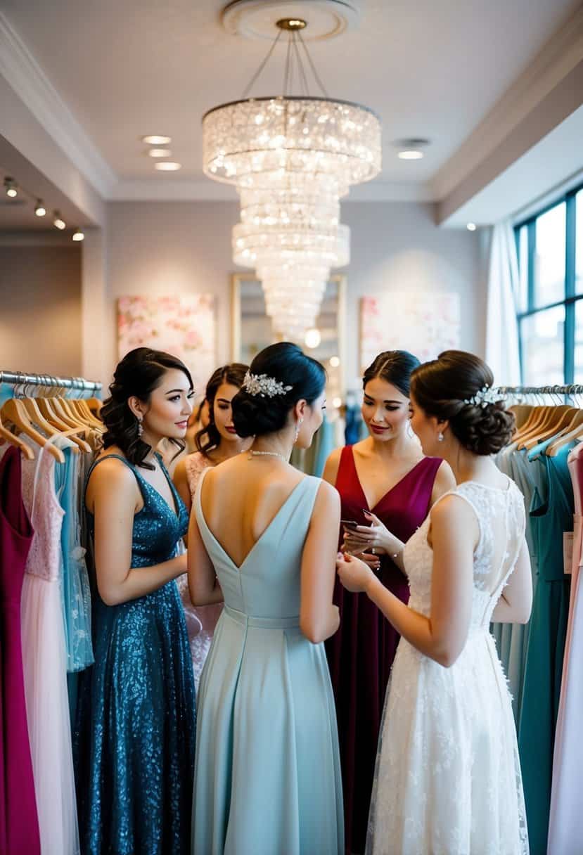 A group of bridesmaids browsing through racks of dresses in a boutique, discussing the cost and style options