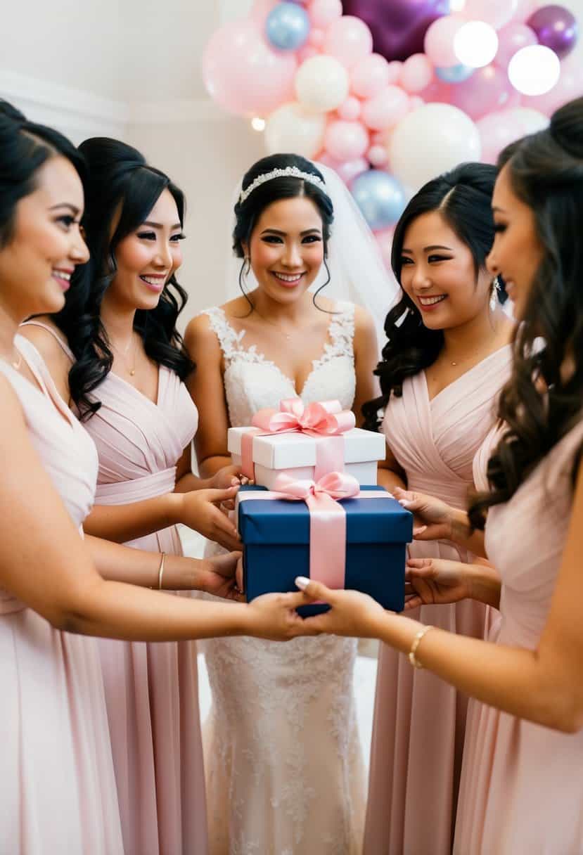 A group of bridesmaids presenting a gift to the bride at a bridal shower or wedding celebration