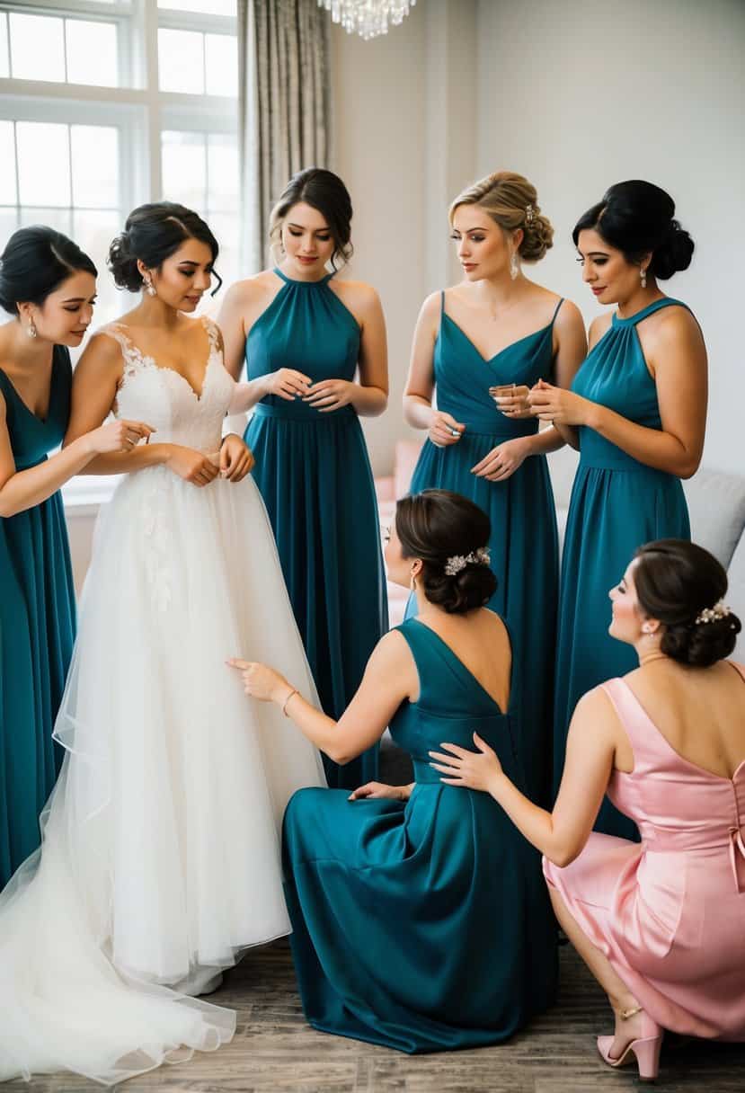 A group of bridesmaids try on dresses together, discussing cost sharing