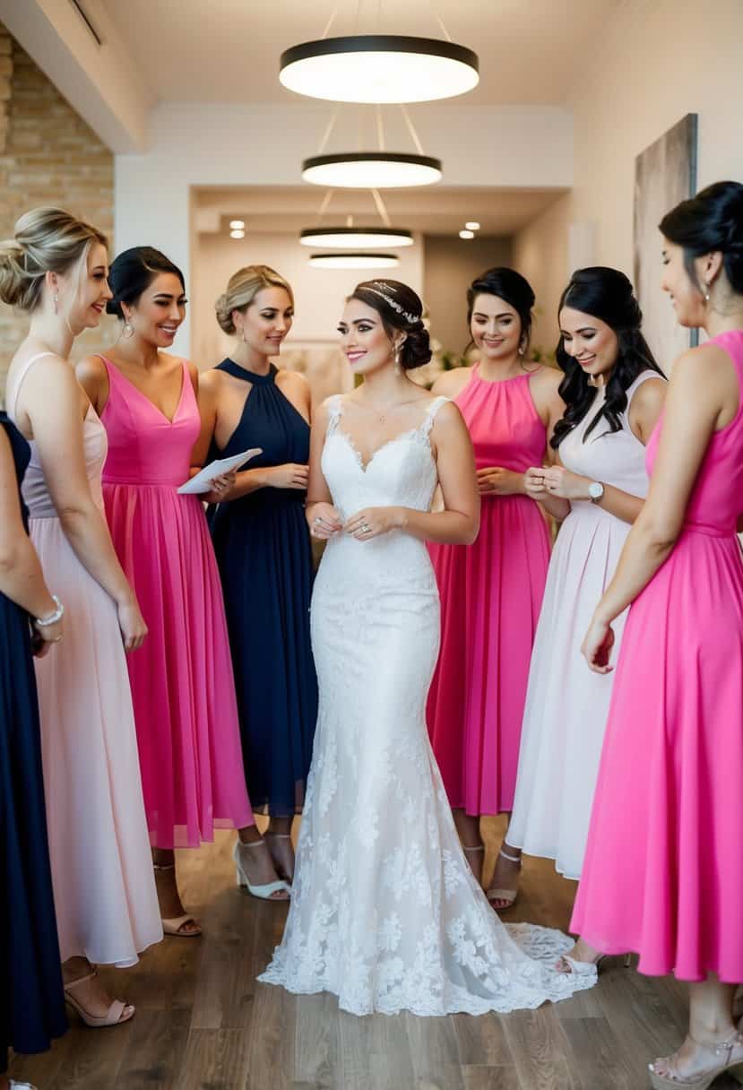 A group of bridesmaids standing in a boutique, trying on different dresses while discussing who will cover the expenses