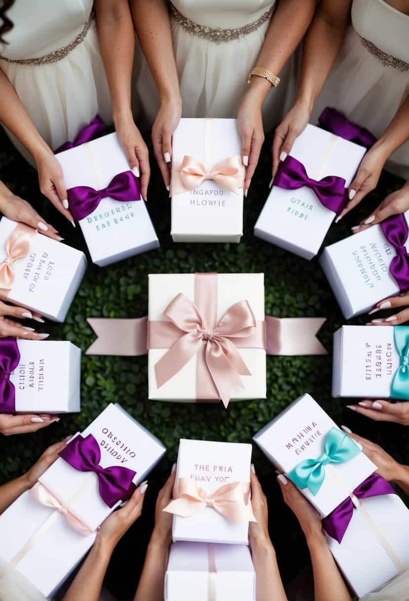 Bridesmaid gifts arranged around a central bridal gift, with each item personalized and unique to the bride's individual taste and style