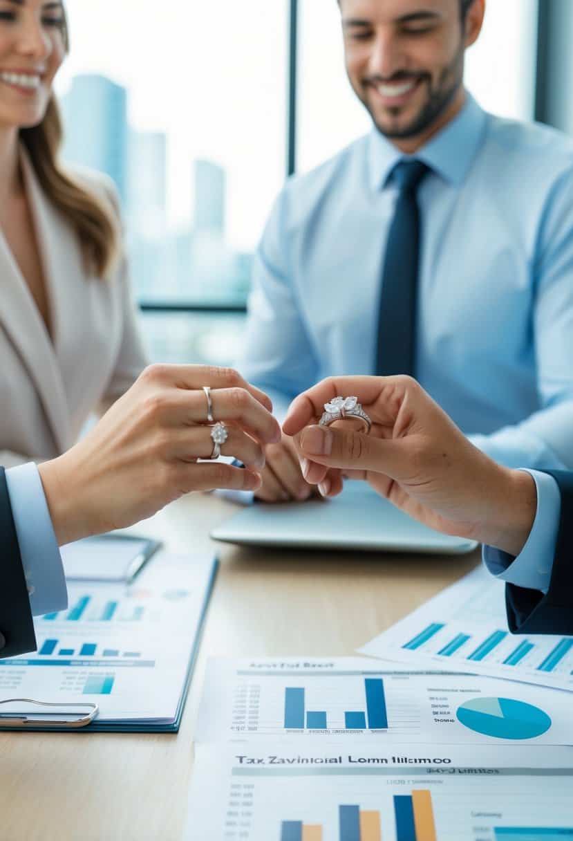 A couple exchanging wedding rings in front of a tax advisor, with financial documents and charts displayed on a table