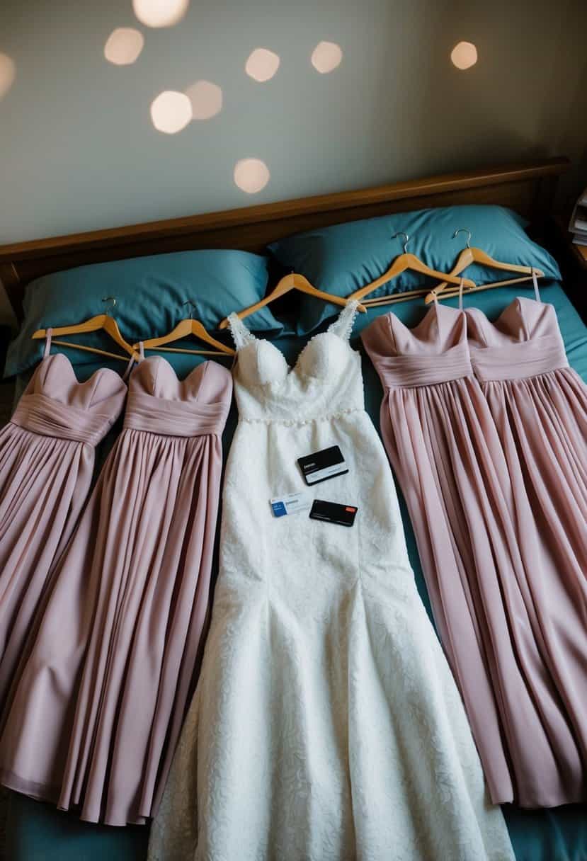 A group of bridesmaids' dresses laid out on a bed, with a credit card and receipt nearby