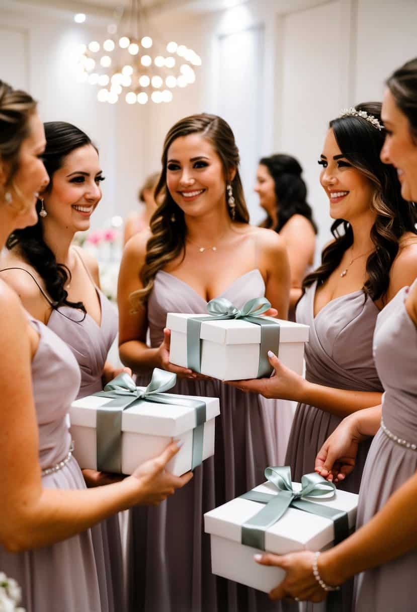 Bridesmaids holding gift boxes at a wedding reception