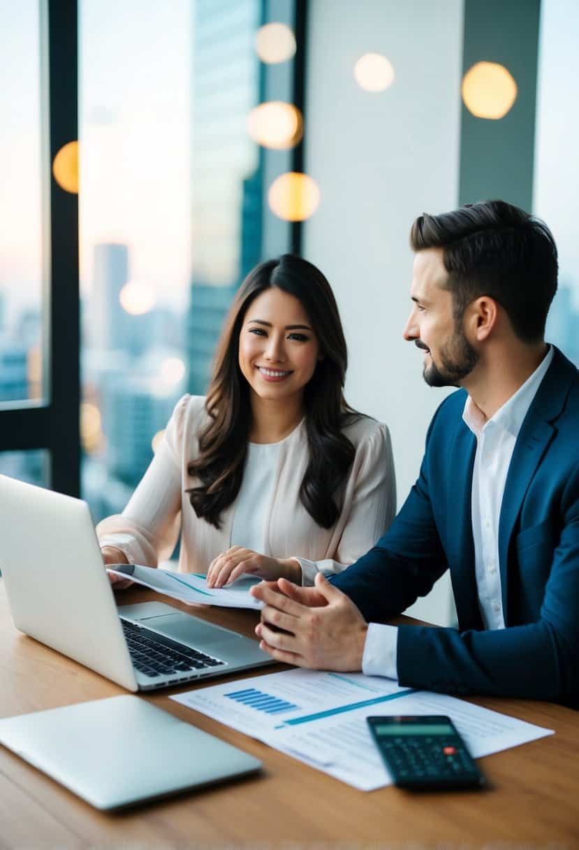 A couple sits at a table with financial documents and a laptop, discussing their future together