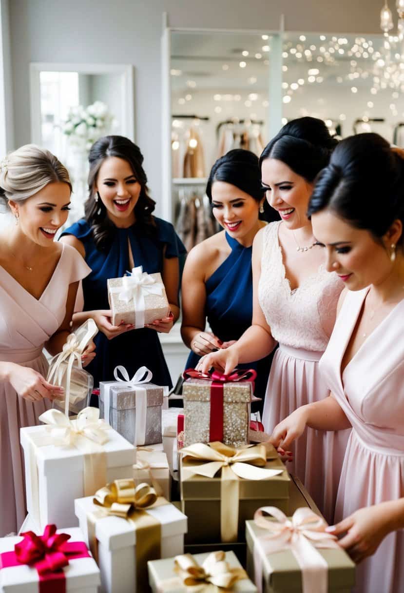 A group of bridesmaids eagerly browsing through a selection of elegant gifts at a boutique