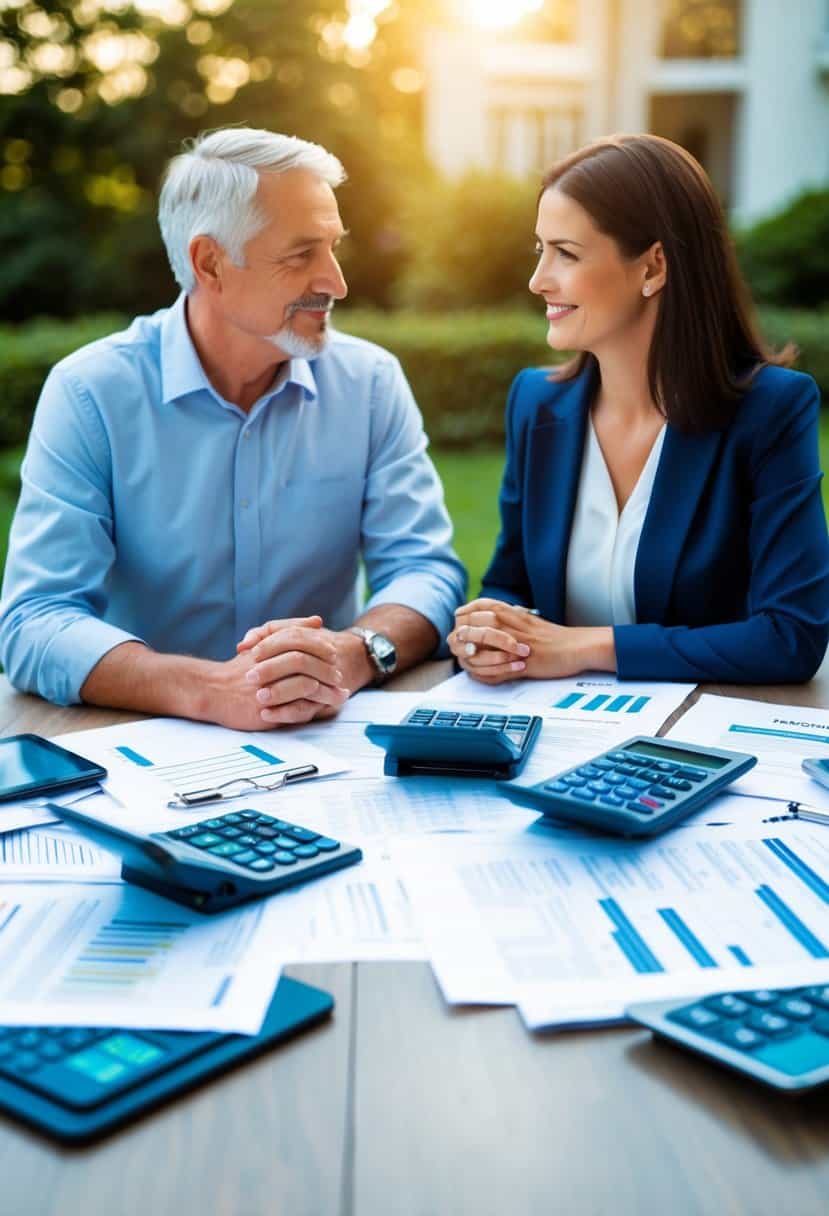 A couple sitting at a table, surrounded by financial documents and calculators, discussing retirement and pension options