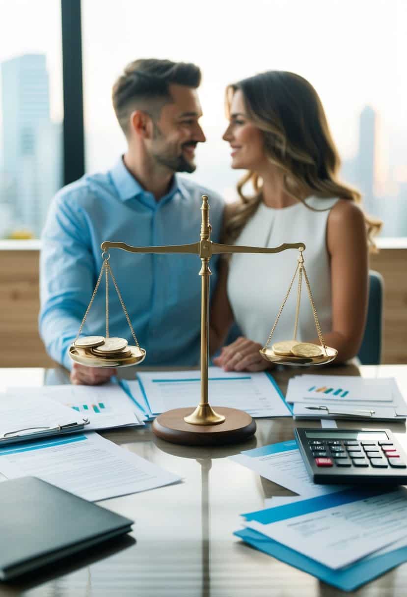 A couple surrounded by financial documents and assets, with a scale tipping in favor of marriage