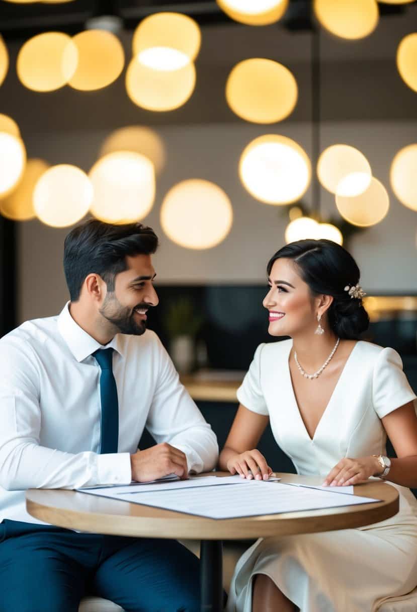 A couple sits at a table with a wedding registry list, comparing prices and discussing their budget