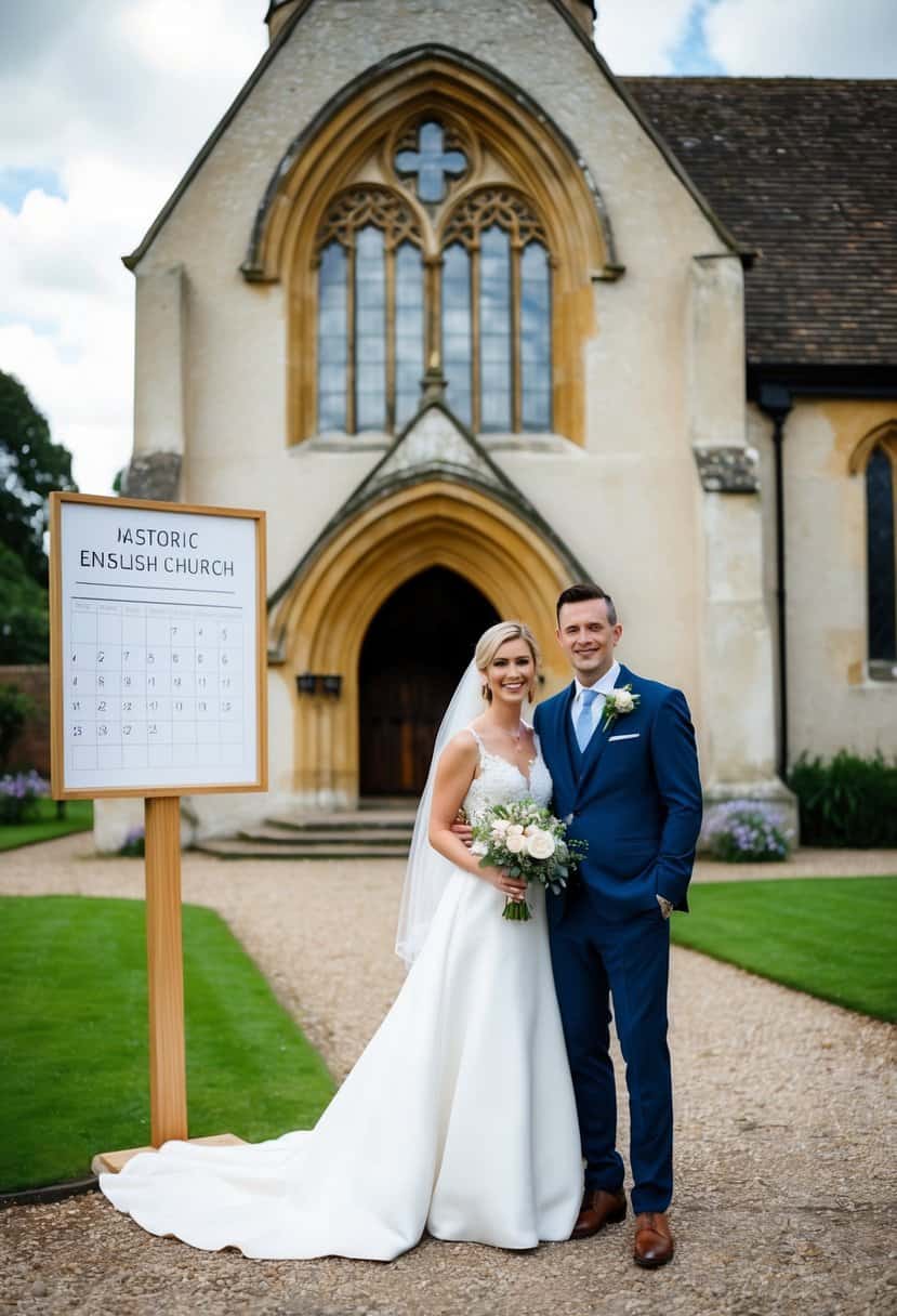 A couple standing outside a historic English church, with a sign displaying wedding information and a calendar showing the current date