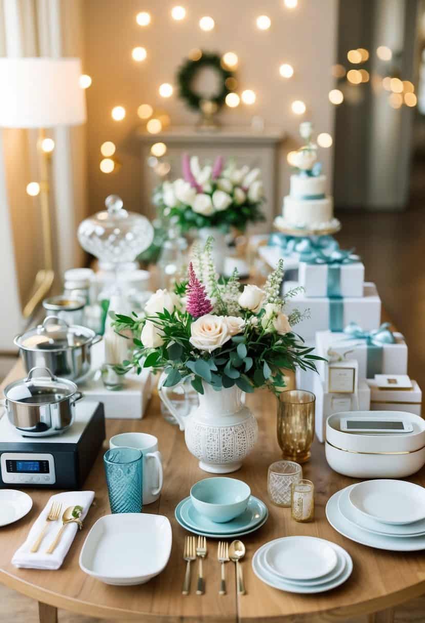 A beautifully decorated wedding registry table with a variety of gifts displayed, including kitchenware, home decor, and electronics