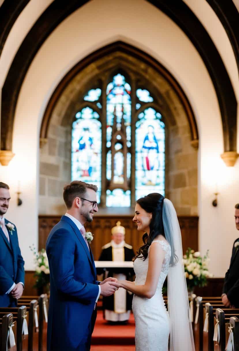 A couple exchanging vows in a traditional English church ceremony