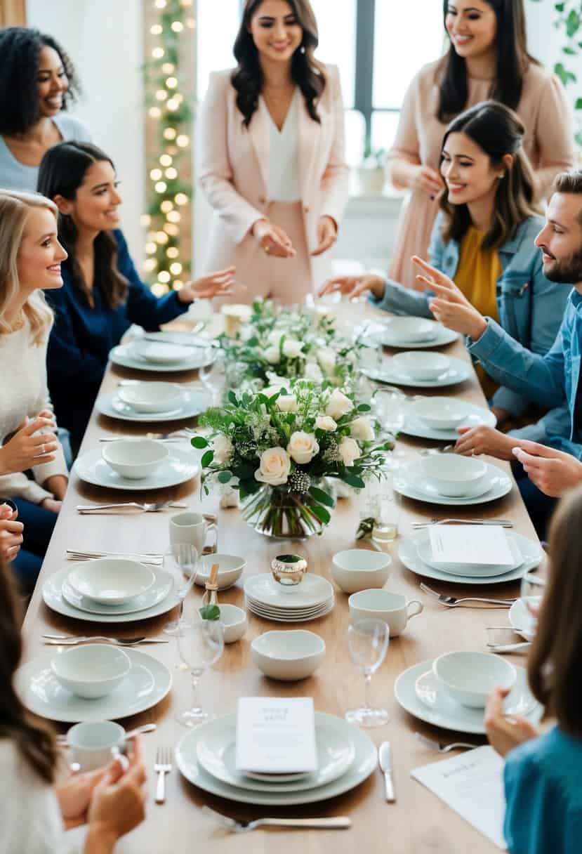 A table filled with various wedding registry items, surrounded by friends discussing group gifting and plus ones