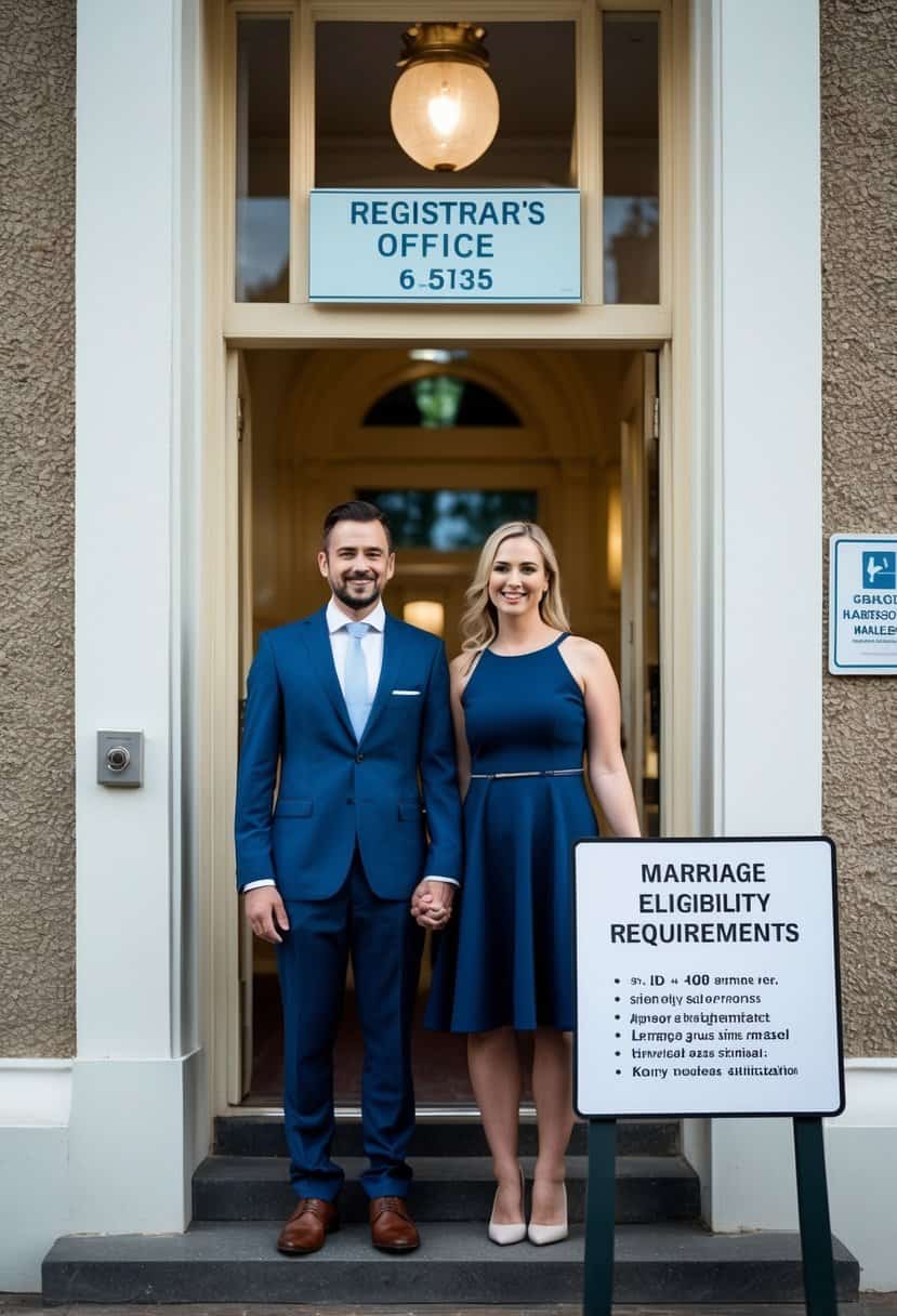 A couple standing in front of a registrar's office with a sign displaying marriage eligibility requirements and time constraints