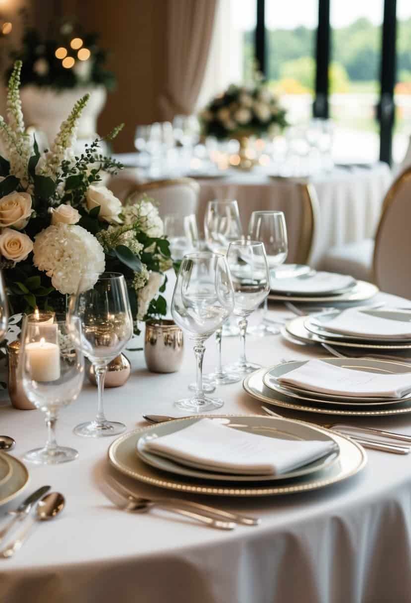 A beautifully set table with elegant dinnerware, glassware, and cutlery, surrounded by luxurious linens and decorative centerpieces